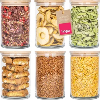 Dóza na potraviny 6X SKLENĚNÁ NÁDOBA NA POTRAVINY PRO SÝPKÉ PRODUKTY S DŘEVĚNÝM VÍKEM 880ml