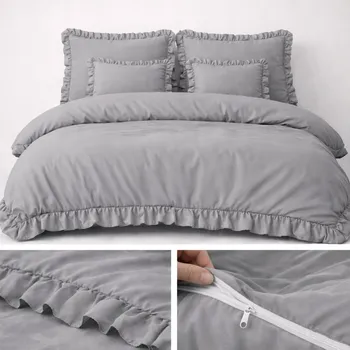 Povlečení POVLEČENÍ 160x200 S VOLÁNEM, SADA 3 DÍLNÁ, MIKROVLÁKNO, TMAVĚ ŠEDÁ BARVA