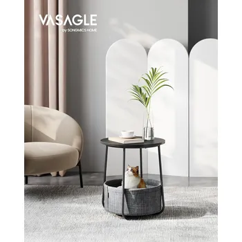 Nábytek VASAGLE Kulatý odkládací stolek s textilním košem černý šedý