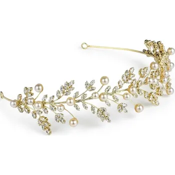 Čelenka B-TOP Široká čelenka do vlasů s kubickými zirkony a bílými perlami Druh barvy: Zlatá