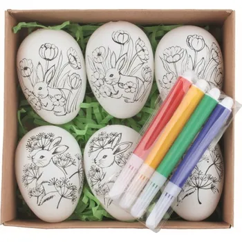 Velikonoční dekorace Sada velikonočních plastových vajec Zajíček K domalování 6 cm na zavěšení, 6 ks vajec + 4 ks fixů