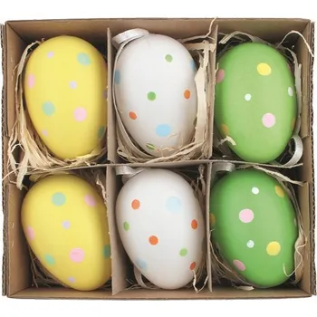 Velikonoční dekorace Sada velikonočních plastových vajec Puntíky 6 cm na zavěšení, 6 ks v krabičce