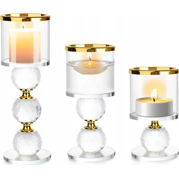 Svícen Sada skleněných svícnů Aptel na 3 svíčky, zlatý glamour styl, 40 cm