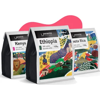 Dárkový potravinový koš Penerini coffee Degustační dárkový balíček káv do ovocných tónů 3x 150 g Mletí: Mletá - Chemex