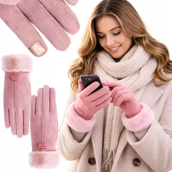 Rukavice Dámské zateplené podzimní/zimní rukavice s kožíškem, semišové - růžové