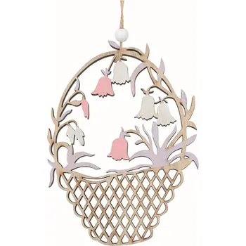 Vyřezávaný košík s fialovými květy dřevěný 11 x 15 x 0,5 cm na zavěšení