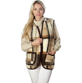 Dámská vesta Wooline Vesta z ovčí vlny se zipem a dvěma kapsami, kostkovaná Velikost: 2XL SKVĚLÝ DÁREK!
