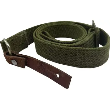 Popruh plátěný pro samopal AK-47 jednobodový (Pevný zbraňový popruh určený pro pušky AK47, kovový D-kroužek na každém konci s hnědým koženým připojovacím bodem, nastavitelná délka... )