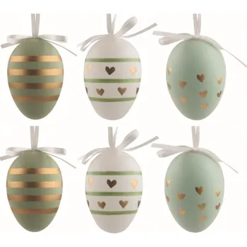 Velikonoční dekorace Velikonoční vejce plastová Zlatá srdíčka 6 cm na zavěšení, 6 ks v sáčku