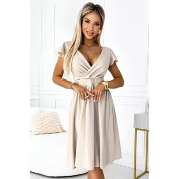 Dámské šaty 425-7 MATILDE Šaty s výstřihem a krátkými rukávy - béžové XL