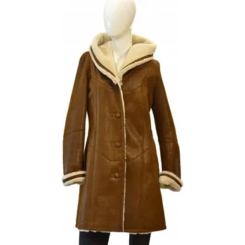 Dámský kabát Dámský kožený kabát z ovčí kůže s kapucí a knoflíky teplý, nad kolena, Bukowski