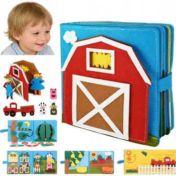 Dřevěná hračka FILCOVÁ MONTESSORI SENZORICKÁ EDUKAČNÍ KNIŽKA 3D PRO DĚTI - FARMA
