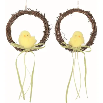 Velikonoční dekorace Velikonoční věnec Kuřátko s vajíčkem a mašlí 15 x 15 x 5,5 cm + stuha na zavěšení
