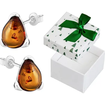 Náušnice Stříbrné Náušnice Slzy s Jantarem Dámské Puzetky Stříbro 925 Puzetky