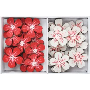 Bytová dekorace Kytky dřevěné červené a bílé 2,5 x 2,5 x 0,3 cm s lepíkem, 24 ks v krabičce
