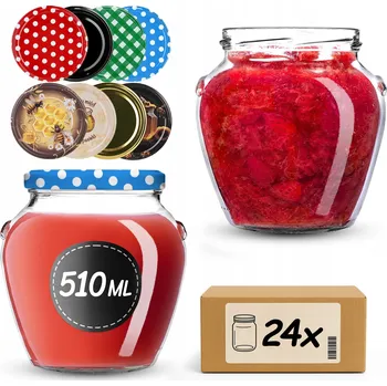 Sklenice ZAVAŘOVACÍ SKLENICE 510 ml SKLENICE NA ZAVAŘENINY DŽEM MED VÍČKO 24 ks + ŠROUBOVACÍ VÍČKA FI 82