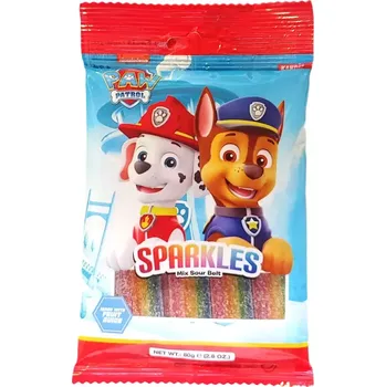 Bonbon Želé pásky PAW PATROL 80 g duhové ovocné pásky (Dlouhé kyselé proužky PAW Patrol s ovocnou příchutí 80 g)