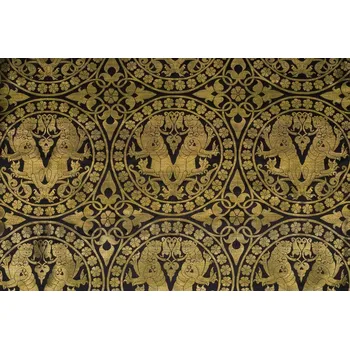 Anatolský brokát se lvy v medailonech, ručně tkané hedvábí se zlatou nití, černý, 0.7m, sartor.cz