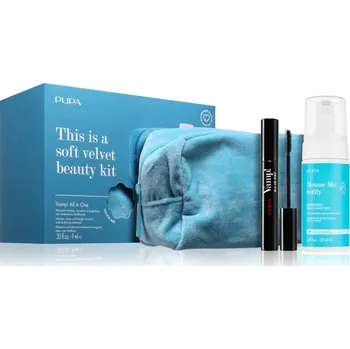 PUPA Milano VAMP! Kit – All in One + Mousse Me Soft PUPA Milano kosmetická taška 1 ks + PUPA Milano Vamp! All In One řasenka pro objem, délku a oddělení řas 9 ml + PUPA Milano Mousse Me Softly čisticí a odličovací pěna 100 ml