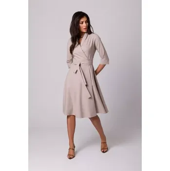 Dámské šaty B255 Zavinovací šaty se šálovým límcem - béžové EU M