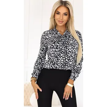 Oblečení a móda 140-28 Služební halenka s dlouhým rukávem a zavazováním vpředu - černobílý vzor S