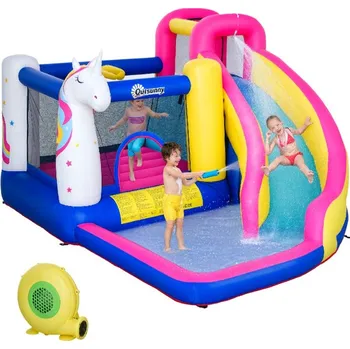 Skákací hrad Skákací hrad Outsunny v pohádkovém designu včetně foukačky, skluzavky, vodní nádrže a basketbalového koše 360 x 305 x 210 cm