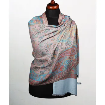 Šála Kašmírská vlněná pašmína Khani Jamavar exclusive se světle modrou a tyrkysovou