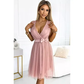 Dámské šaty 523-1 Tylové šaty s výstřihem a mašlí - BRUCE PINK UNI