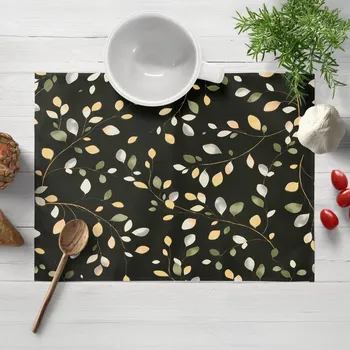 prostírání Bavlněné prostírání na stůl Sandra SA-722 Větvičky s lístky na tmavě zeleném 30x40 cm