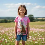 Dívčí tričko krátký rukáv Kugo ST3579 tm. růžové koněm