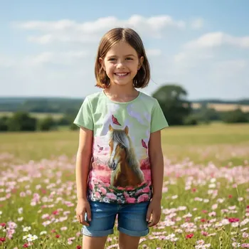 Dívčí oblečení Dívčí tričko krátký rukáv Kugo ST3579 zelené s koněm