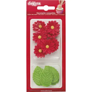 Jedlá dekorace na dort DEKORA Cukrové květiny červené květy a lístky