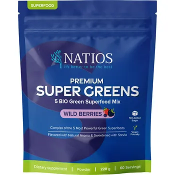 Doplněk stravy NATIOS Premium Super Greens, Lesní ovoce, 228 g