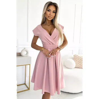 Dámské šaty 348-9 SCARLETT rozšířené šaty s obálkovým výstřihem a páskem - pudrově růžové M