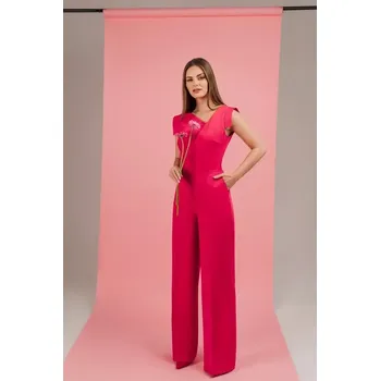 Dámský overall S407 Elegantní overal s asymetrickým výstřihem - růžový EU L