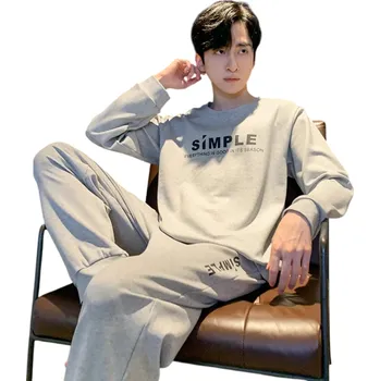 Pánské pyžamo Pánské pyžamo dlouhý rukáv a kalhoty O výstřih Polyester Spandex Šedé minimalistické pyžamo s nápisem simple XL