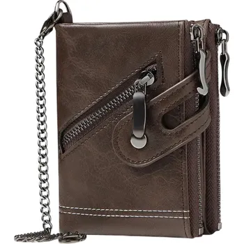 Peněženka Pánská rozkládací peněženka s RFID 12 x 10 x 3 cm Řetízek Kapsy na zip Umělá kůže Bezpečná ochrana karet hnědá