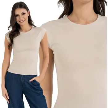 Dámské tričko MORAJ DÁMSKÁ HALENKA TOP S PROUŽKY A KRÁTKÝM RUKÁVEM CAP SLEEVE BÉŽOVÁ L