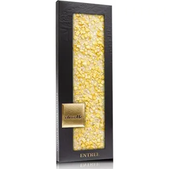 Čokoláda ChocoMe - bílá čokoláda s pravou vanilkou zdobená kandovanou citronovou kůrou, lyofilizovanými broskvemi