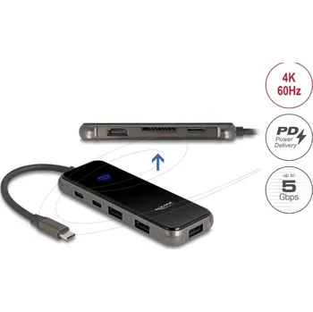 Delock Dokovací stanice USB Type-C™ 4K – HDMI / USB Hub / SD - Micro SD slot / PD 3.0 85 W s povrchem z tvrzeného skla 92001