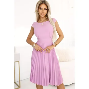 Dámské šaty 311-18 LILA Klasické plisované šaty s krátkými rukávy a páskem - WRZOSH XS