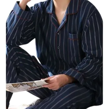 Pánské pyžamo Pánské pyžamo set triko s dlouhým rukávem a kalhoty Zapínání na knoflíky Kapsička Límec Pruhované Tmavě modré Polyester bavlna XL