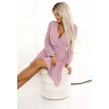 Dámské šaty 313-16 ISABELLE Polsko plisované šaty s dlouhými rukávy a výstřihem - pudrově růžové L