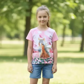 Dívčí tričko Dívčí tričko krátký rukáv Kugo ST3579 sv. růžové koněm