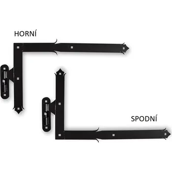 pant kování s čepem rohové zdobené PD225, spodní - selský úhlový pant s čepem ø 27 mm, ozdobný, 650 x 400 mm, profil 50 x 5 mm, horní, spodní, černá barva