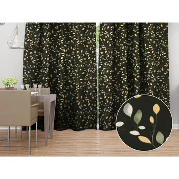 ubrus Bavlněný závěs Sandra SA-722 Větvičky s lístky na tmavě zeleném 150x140 cm