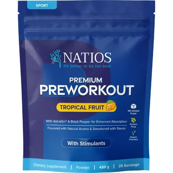 Anabolizér NATIOS Premium Preworkout s kofeinem, Tropické ovoce, 420 g