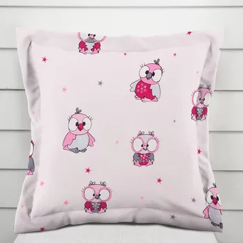 Povlak na polštářek Dětský bavlněný povlak na polštář s lemem Sandra SA-726 Růžové sovičky na bledě růžovém 50 x 60 cm
