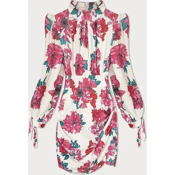 Dámské šaty Krátké dámské květované šaty v ecru-růžové barvě se stojáčkem (A1080) odstíny bílé uni velikost