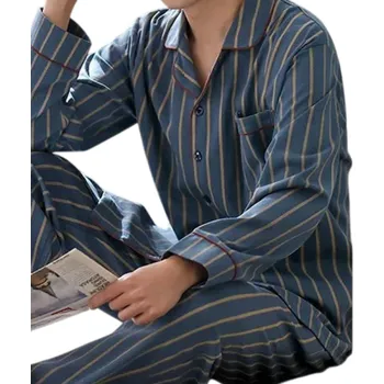Pánské pyžamo Pánské pyžamo set triko s dlouhým rukávem a kalhoty Zapínání na knoflíky Kapsička Límec Pruhované Modré Polyester bavlna M